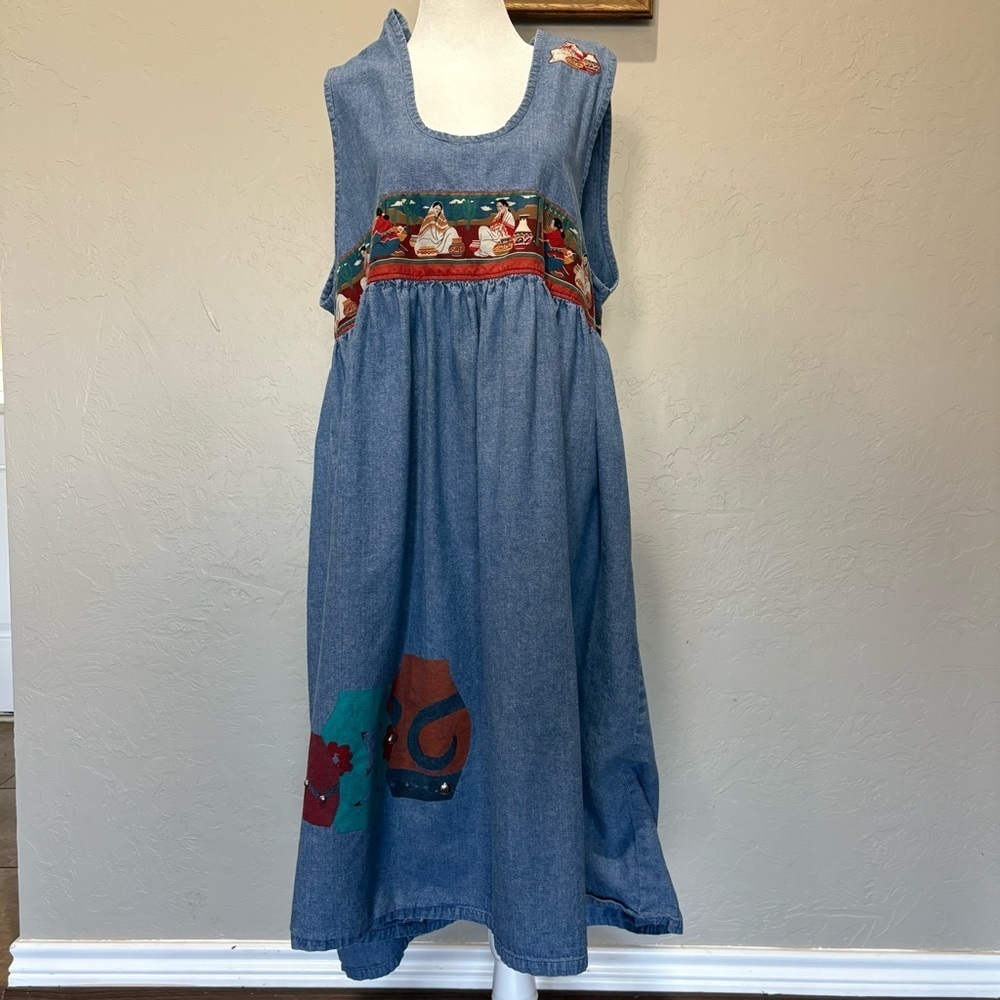 Vintage Handmade Denim Jumper Dress – Southwestern Folk Art Details – Size L